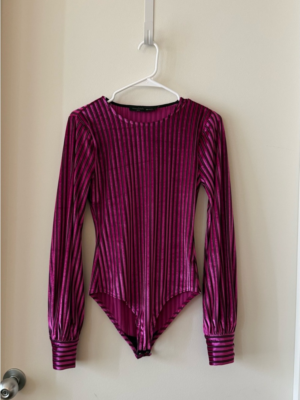 House of Harlow 1960 Metallic Magenta Striped Long-Sleeve Bodysuit
